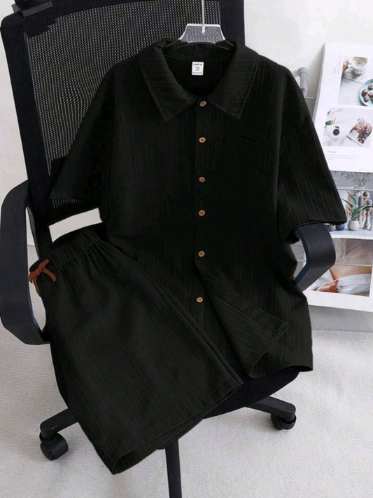 SHEIN Teen Boys Casual Vacation Wave Pattern Loose Polo Collar Short Sleeve Shirt & Shorts 2 Pieces Set 181213