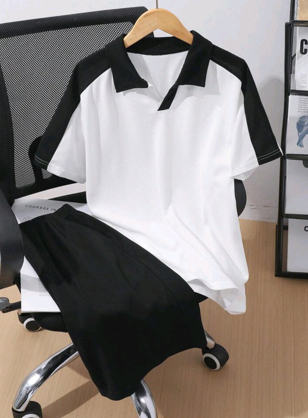 2pcs/Set Teens' Casual Color Blocking Polo Shirt And Shorts Set 161415