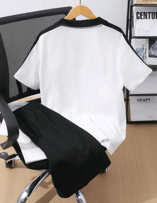 2pcs/Set Teens' Casual Color Blocking Polo Shirt And Shorts Set 161415