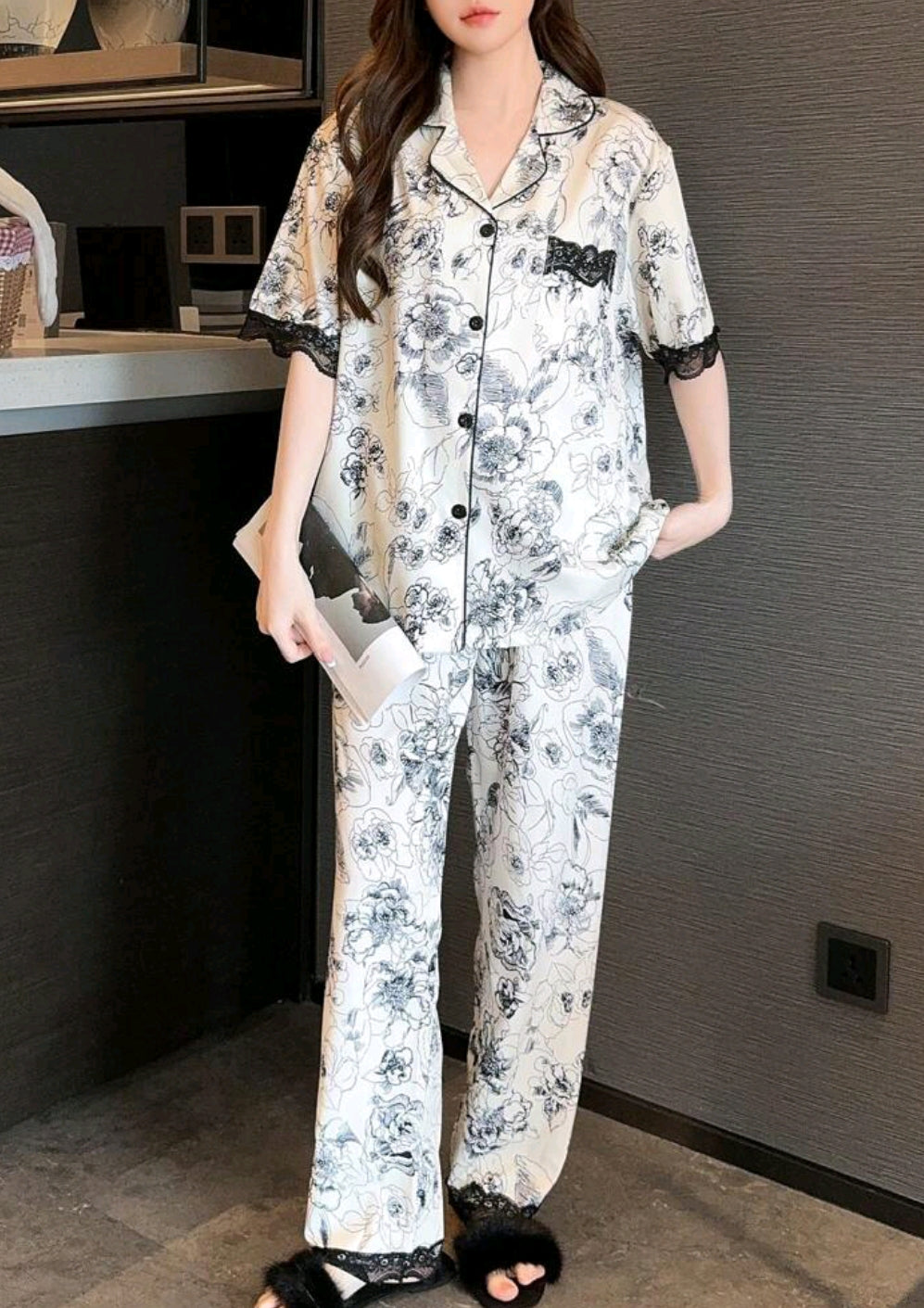 2pcs/Set Women Lace Trim Pajamas - Contrast Color Short Sleeve Top & Long Pants Set, Casual & Comfortable, All Season 181419