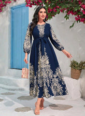 Floral Print Lantern Sleeve Belted Dress Maxi Women Outfit