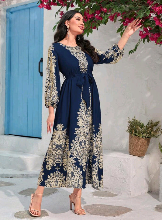 Al Najma Floral Print Lantern Sleeve Belted Dress Maxi Women Outfit