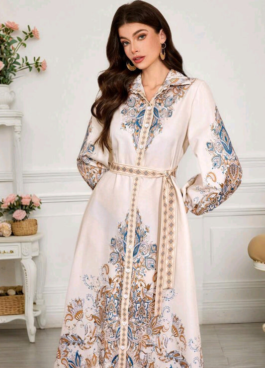 Mulvari Women's Elegant Floral Print Long Shirt Dress