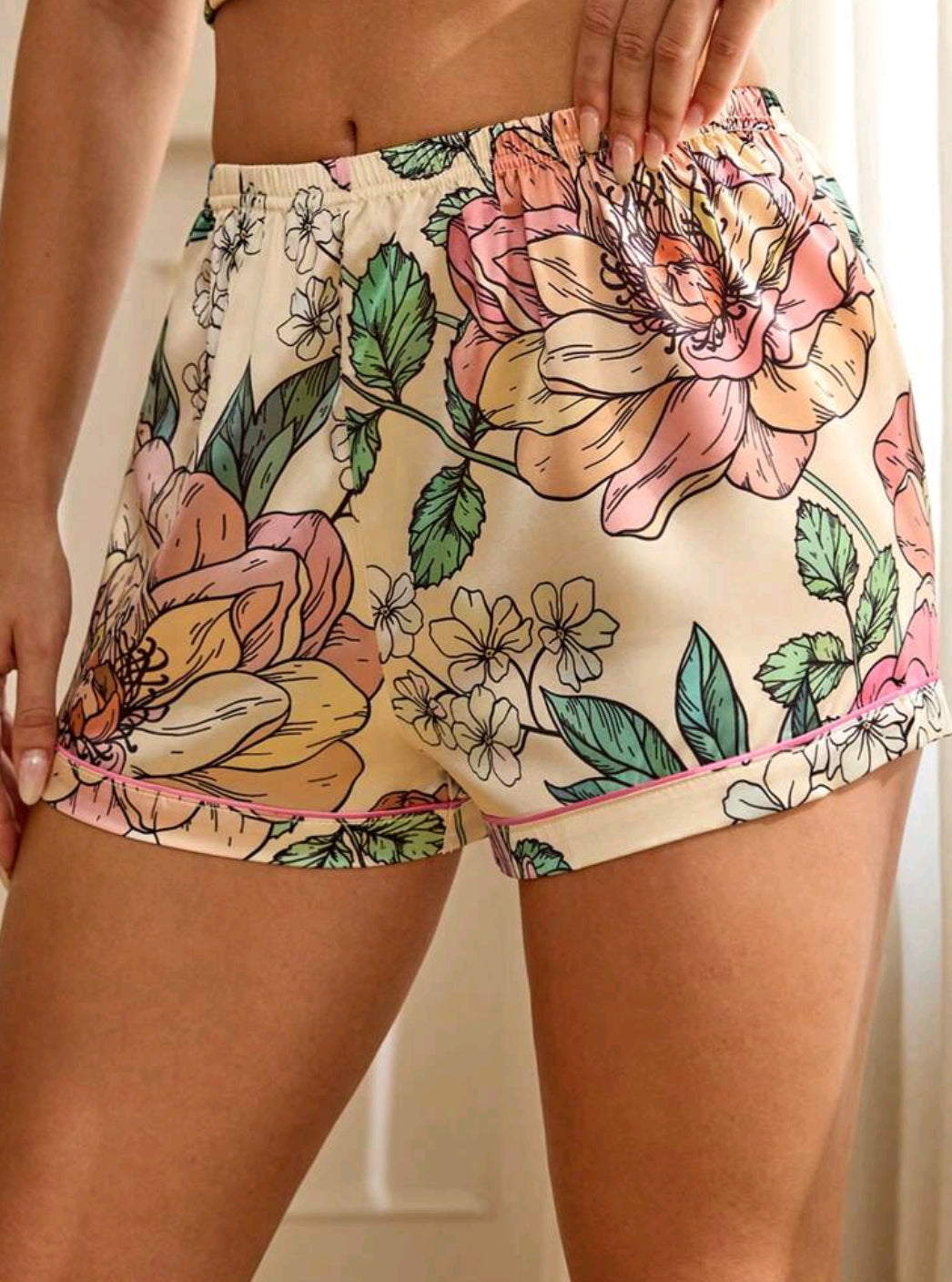 JIAN LASALA Women Multicolor Sleep Bottoms Plants,All Over Print Contrast Binding,Button Front,Pocket Summer 221213