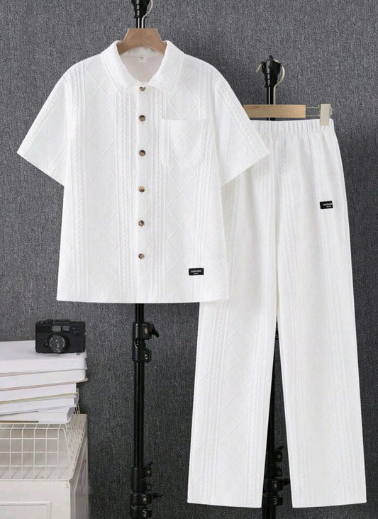 SHEIN 2pcs Set Teenboy's Knit Jacquard Loose Raglan Collar Shorts & Tee Outfit Set, B6050