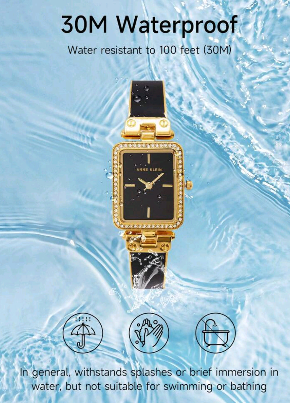 Women's Crystal Accented Bangle Watch And Bracelet Watch Set,Quartz Watch For Ladies With Gold-Tone And Black Bangle Adjustable End Links,AK/3898BKST