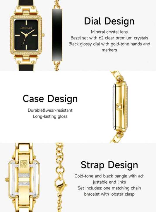 Women's Crystal Accented Bangle Watch And Bracelet Watch Set,Quartz Watch For Ladies With Gold-Tone And Black Bangle Adjustable End Links,AK/3898BKST