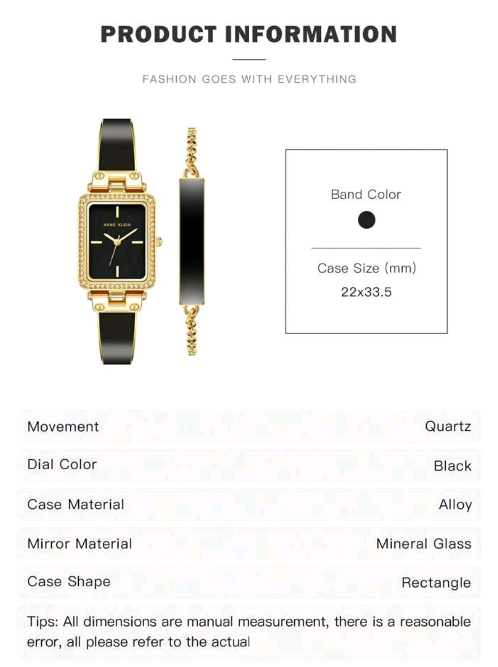 Women's Crystal Accented Bangle Watch And Bracelet Watch Set,Quartz Watch For Ladies With Gold-Tone And Black Bangle Adjustable End Links,AK/3898BKST