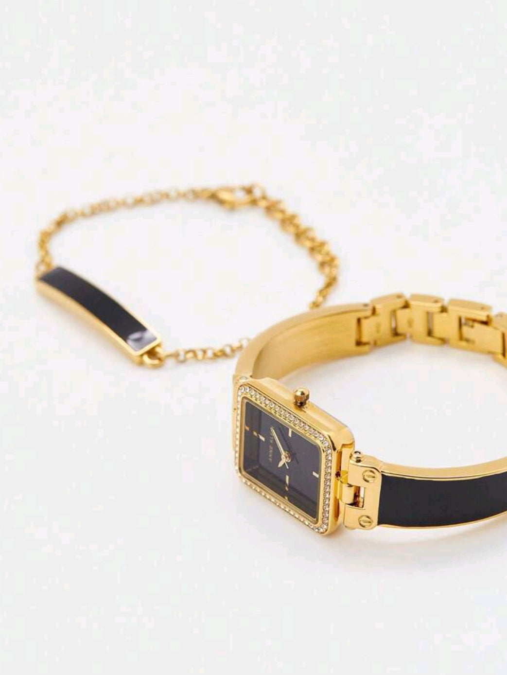 Women's Crystal Accented Bangle Watch And Bracelet Watch Set,Quartz Watch For Ladies With Gold-Tone And Black Bangle Adjustable End Links,AK/3898BKST