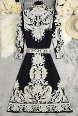 1pc Elegant Summer Bohemian Print Long Sleeve Maxi Dress with Belt and Buttons, Floral Pattern