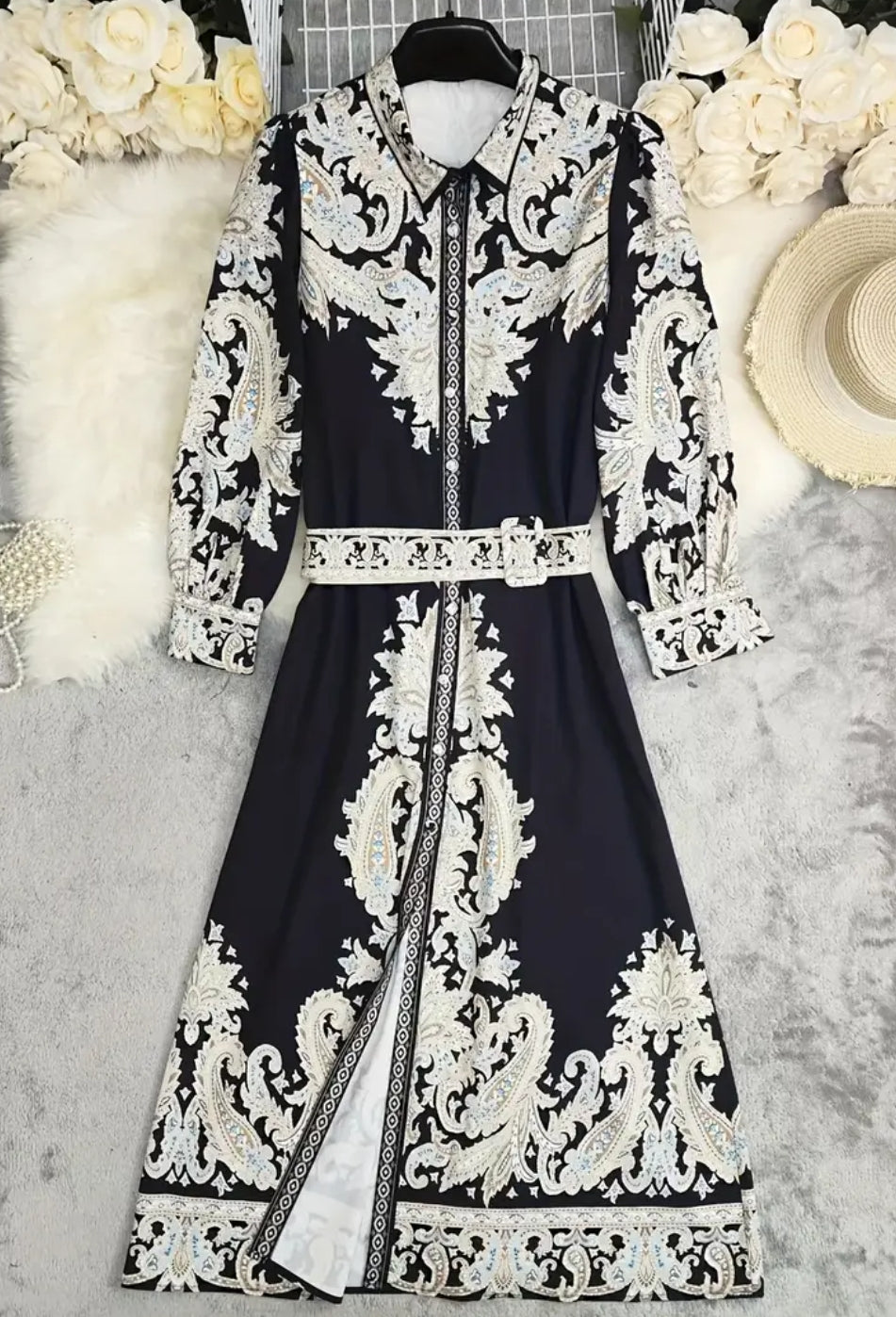 1pc Elegant Summer Bohemian Print Long Sleeve Maxi Dress with Belt and Buttons, Floral Pattern