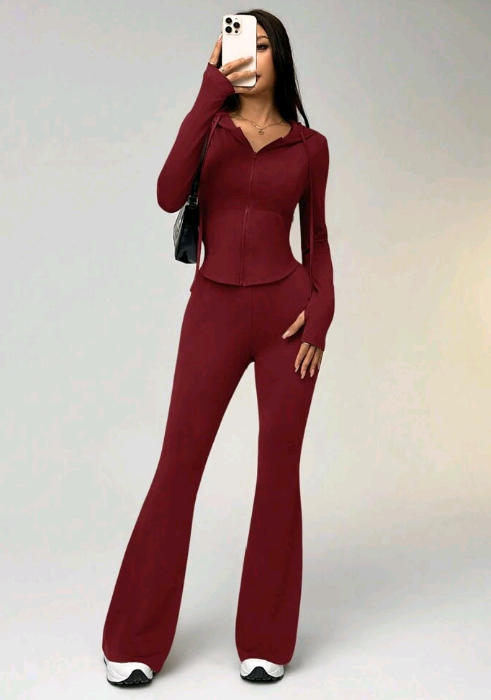 SHEIN EZwear Women Solid Color Zip Front Long Sleeve Hoodie & Skinny Pants Activewear Set