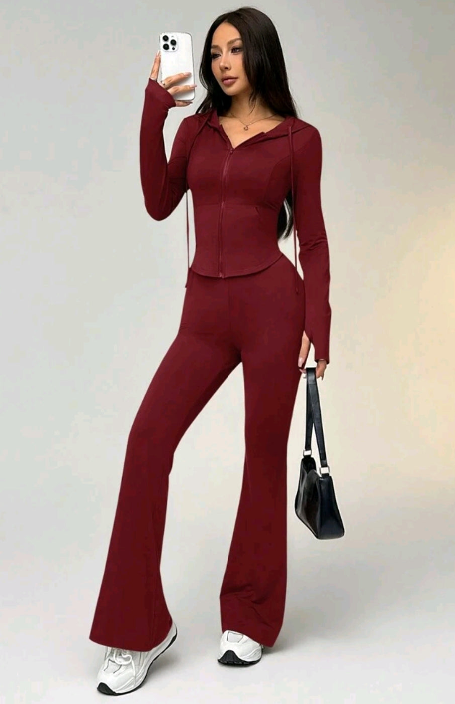 SHEIN EZwear Women Solid Color Zip Front Long Sleeve Hoodie & Skinny Pants Activewear Set