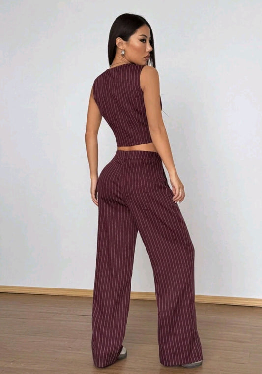 Flirla Sleeveless Striped V-Neck Vest & Pants Set, Minimalist Stylish Casual Everyday Suit.Summer Outfits For Women