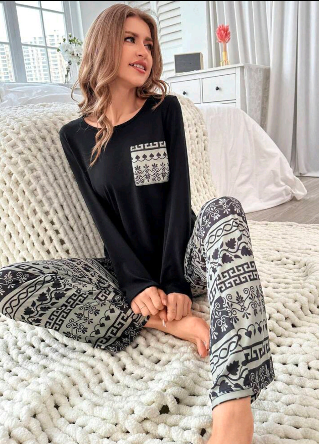 CoupledUp Geometric Long Sleeve & Pants Pajama Set c2503