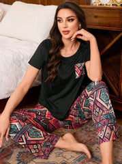 Trezura Retro Minimalist Style Printed Loose Women Pajama Set 181415