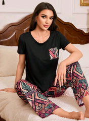 Trezura Retro Minimalist Style Printed Loose Women Pajama Set 181415