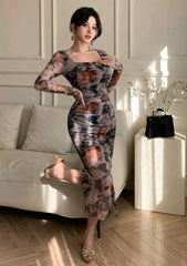 Joudiya Plant Floral Print Tie-Dye Fitted Crew Neck Mid-Calf Dress For Women Elegant