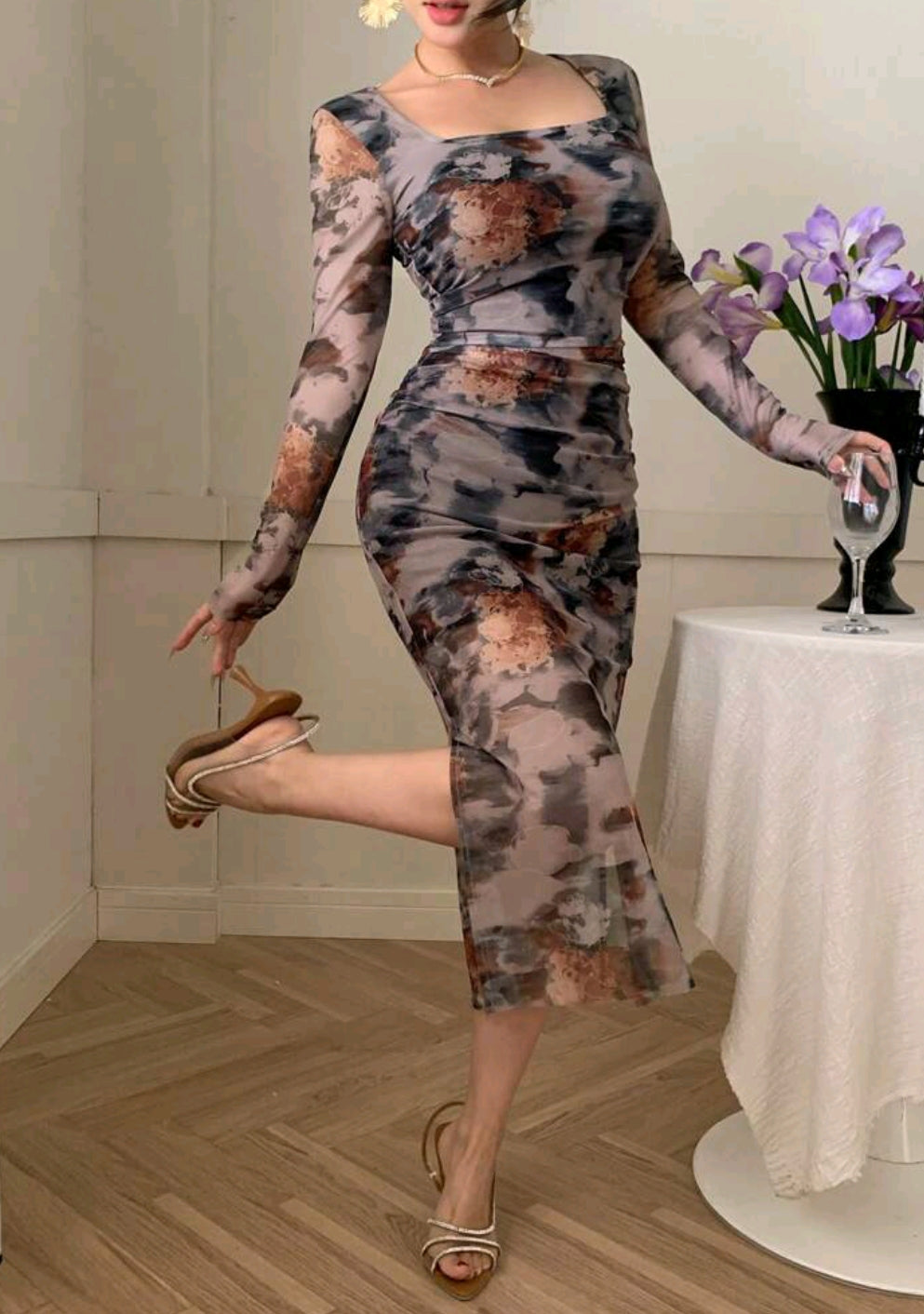 Joudiya Plant Floral Print Tie-Dye Fitted Crew Neck Mid-Calf Dress For Women Elegant