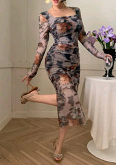 Joudiya Plant Floral Print Tie-Dye Fitted Crew Neck Mid-Calf Dress For Women Elegant