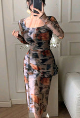 Joudiya Plant Floral Print Tie-Dye Fitted Crew Neck Mid-Calf Dress For Women Elegant