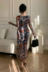 Joudiya Plant Floral Print Tie-Dye Fitted Crew Neck Mid-Calf Dress For Women Elegant