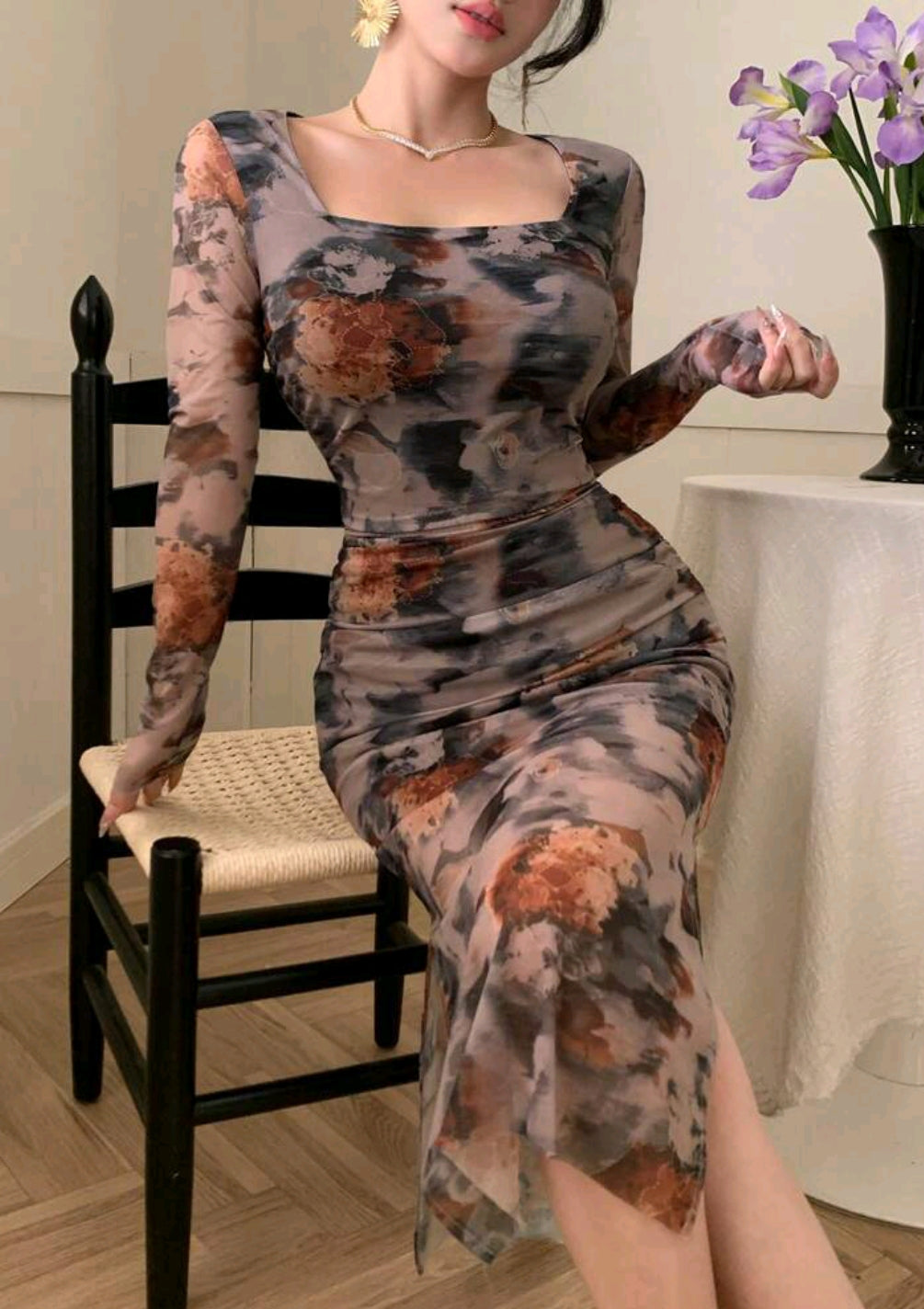 Joudiya Plant Floral Print Tie-Dye Fitted Crew Neck Mid-Calf Dress For Women Elegant