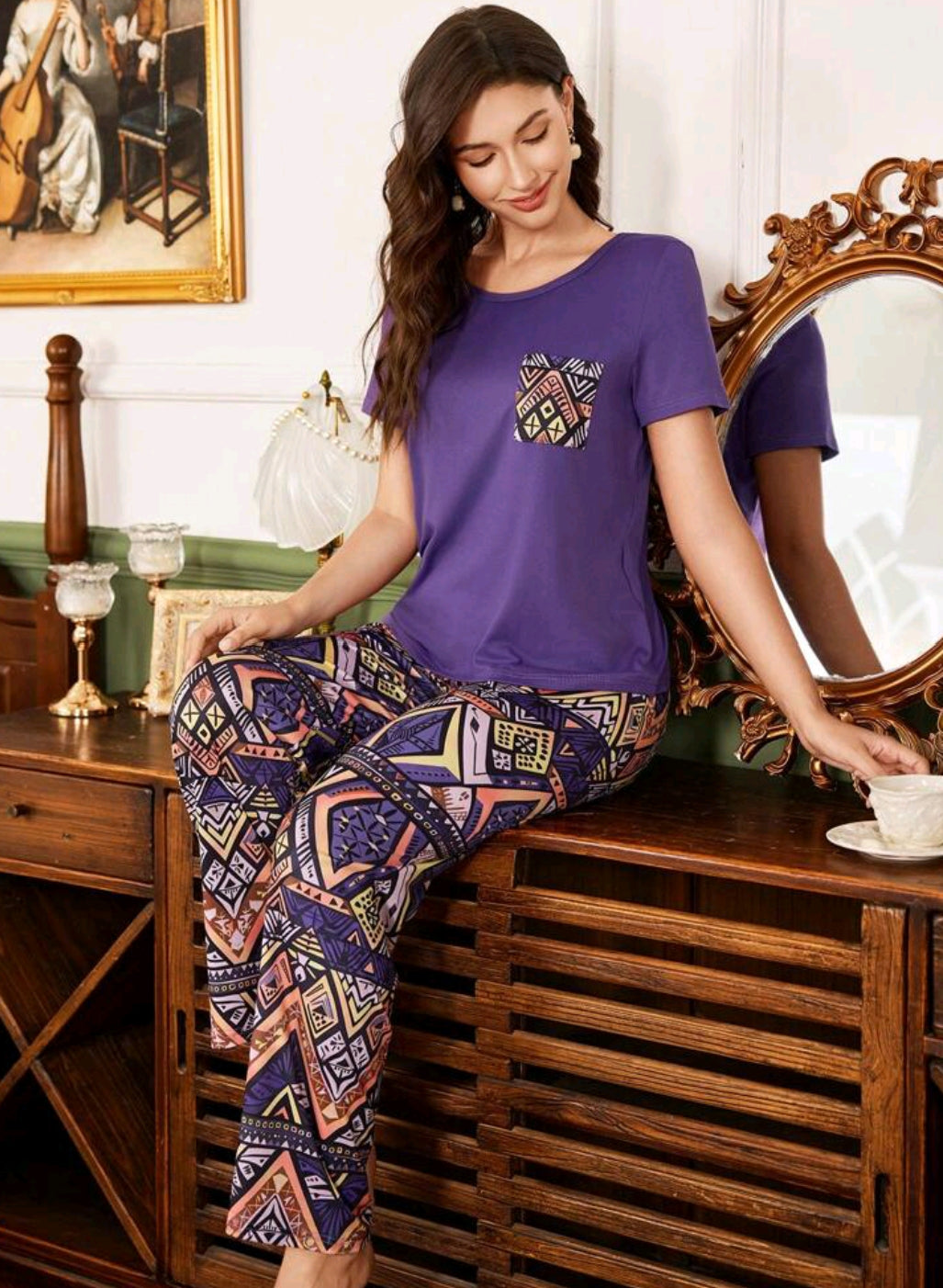 Trezura Vintage Minimalist Style Print Loose Women Pajama Set 562269