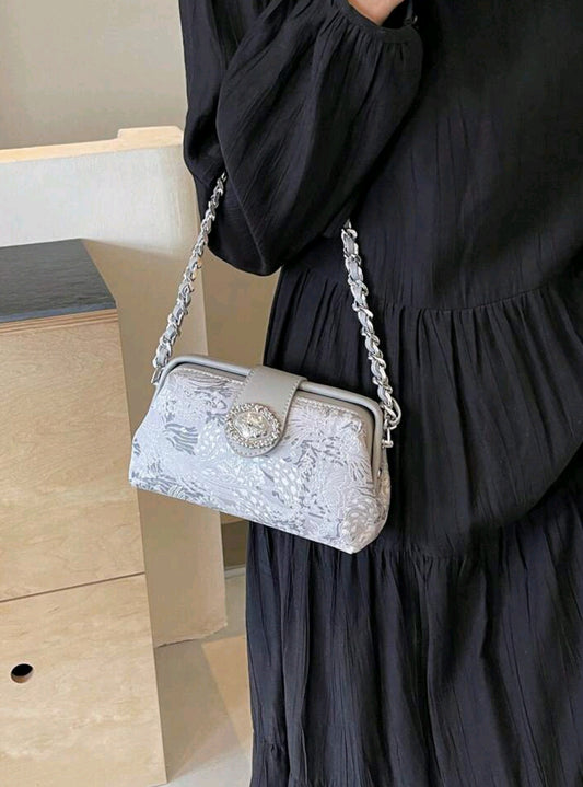 Mini Fashionable Elegant Solid Color Clutch With Metal Chain Handle For Women