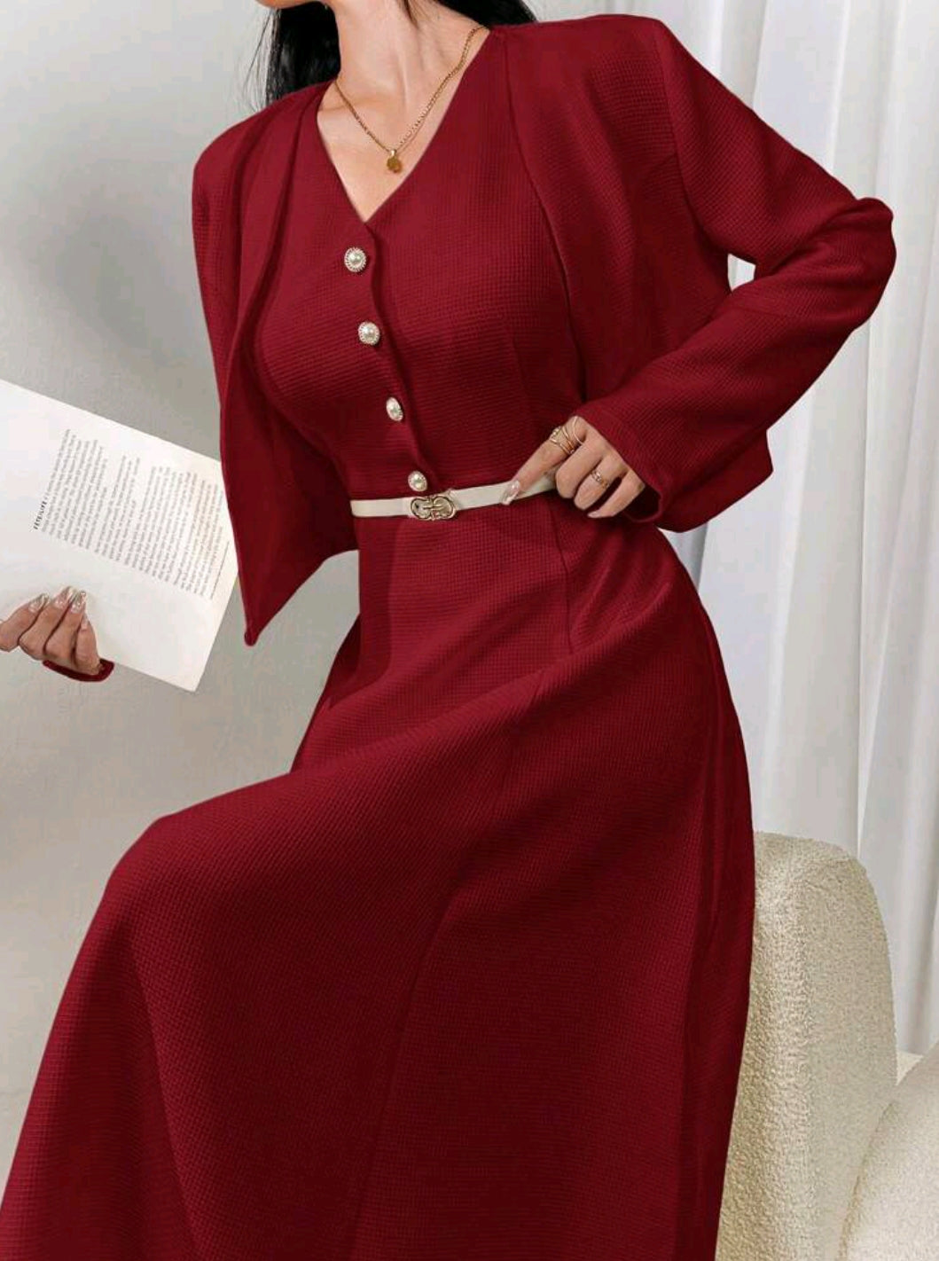 Modelyn Solid Button Front Jacket & Dress Without Belt Perfect For Business/Work/Cocktail Party/Wedding/Daily/Graduation Women Two Pieces Outfits 2 Pieces Set