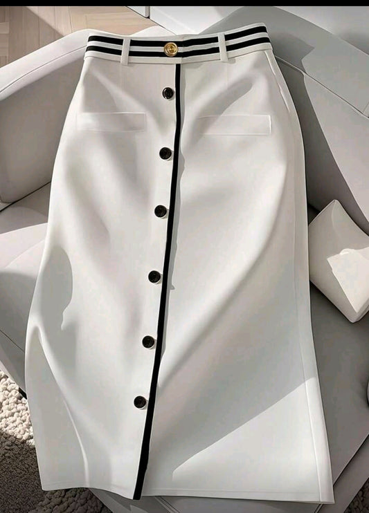 Elegant White High-Waisted Pleated Skirt With Black Button Accents - Stylish All-Season Fashion for women