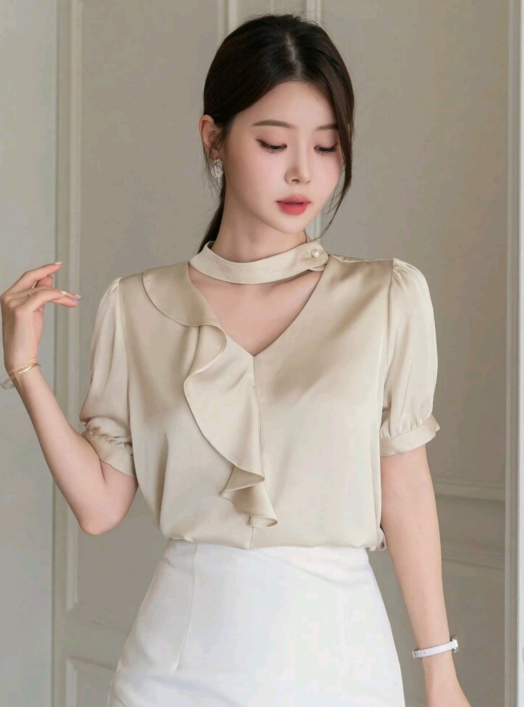 DAZY Women's Solid Color Simple Everyday Short Sleeve Shirt,Ruffle