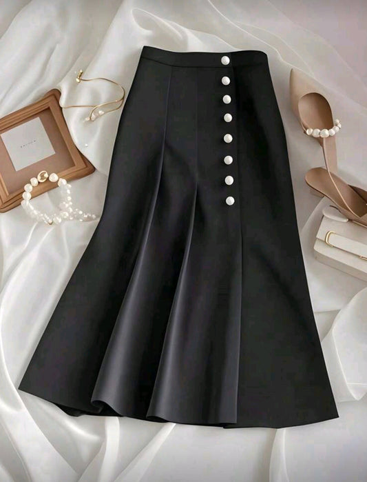 Women's Fashionable Solid Color Elegant Office Commuting Versatile Front Button Bodycon Mini Skirt