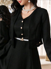 Modelyn Solid Button Front Jacket & Dress Without Belt Perfect For Business/Work/Cocktail Party/Wedding/Daily/Graduation Women Two Pieces Outfits 2 Pieces Set