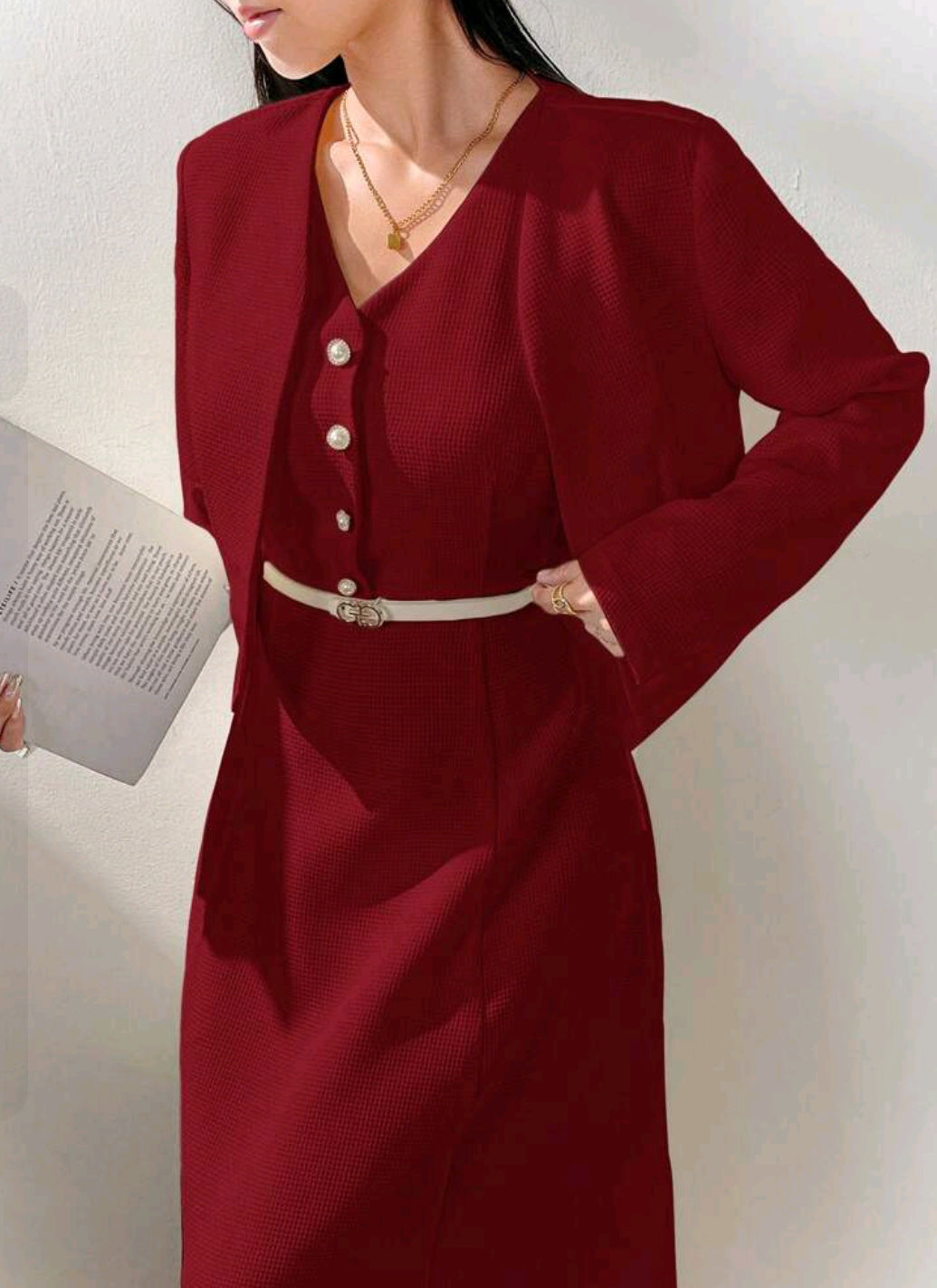 Modelyn Solid Button Front Jacket & Dress Without Belt Perfect For Business/Work/Cocktail Party/Wedding/Daily/Graduation Women Two Pieces Outfits 2 Pieces Set