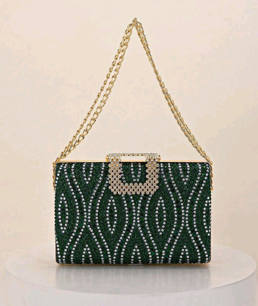 Rhinestone Decor Clutch Bag, Metal Chain Shoulder