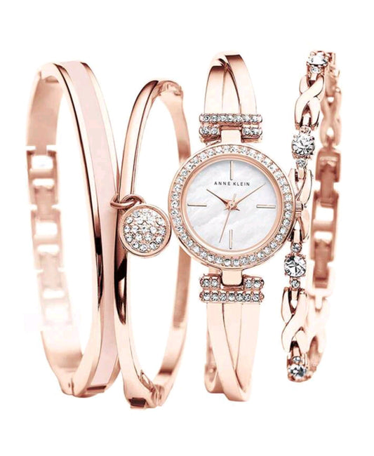 Anie Klein Women's Crystal Accented Bangle Bracelet Watch Set With Three Luxury Rose Gold Bracelets Diamond