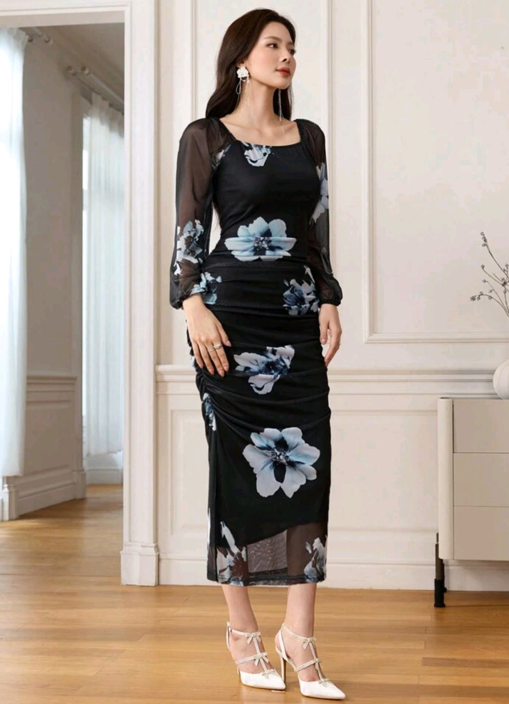 Shein Women's Floral Print Elegant Square Neck Tie Waist Midi Dress Maxi Women Outfit Long Evening Dresses..