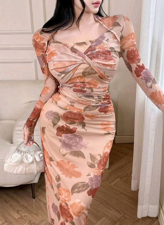 Modelyn Women's Floral Print Long Sleeve Criss-Cross Fitted Long Dress