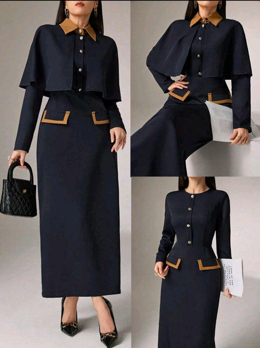 Elegant Color Blocking Cape Shirt With Extended Hem Skirt 2pcs Set 2 Pieces Set