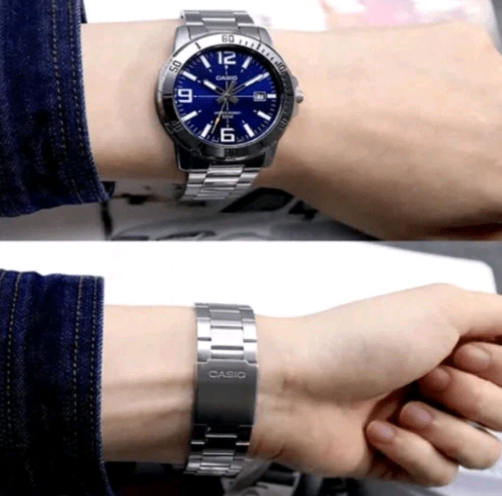 MTP-VD01D-2B Sporty Men's Stainless Steel Strap Analog Dial Quartz Watch, Daily Clothing Decor, Gift For Men