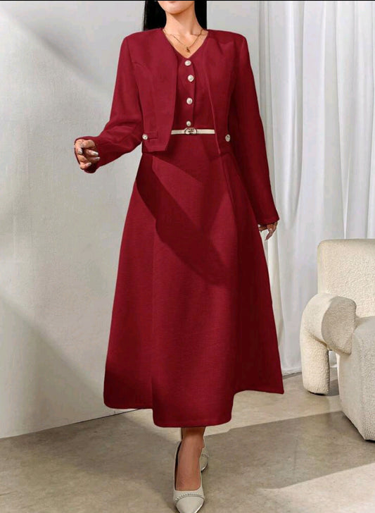 Modelyn Solid Button Front Jacket & Dress Without Belt Perfect For Business/Work/Cocktail Party/Wedding/Daily/Graduation Women Two Pieces Outfits 2 Pieces Set