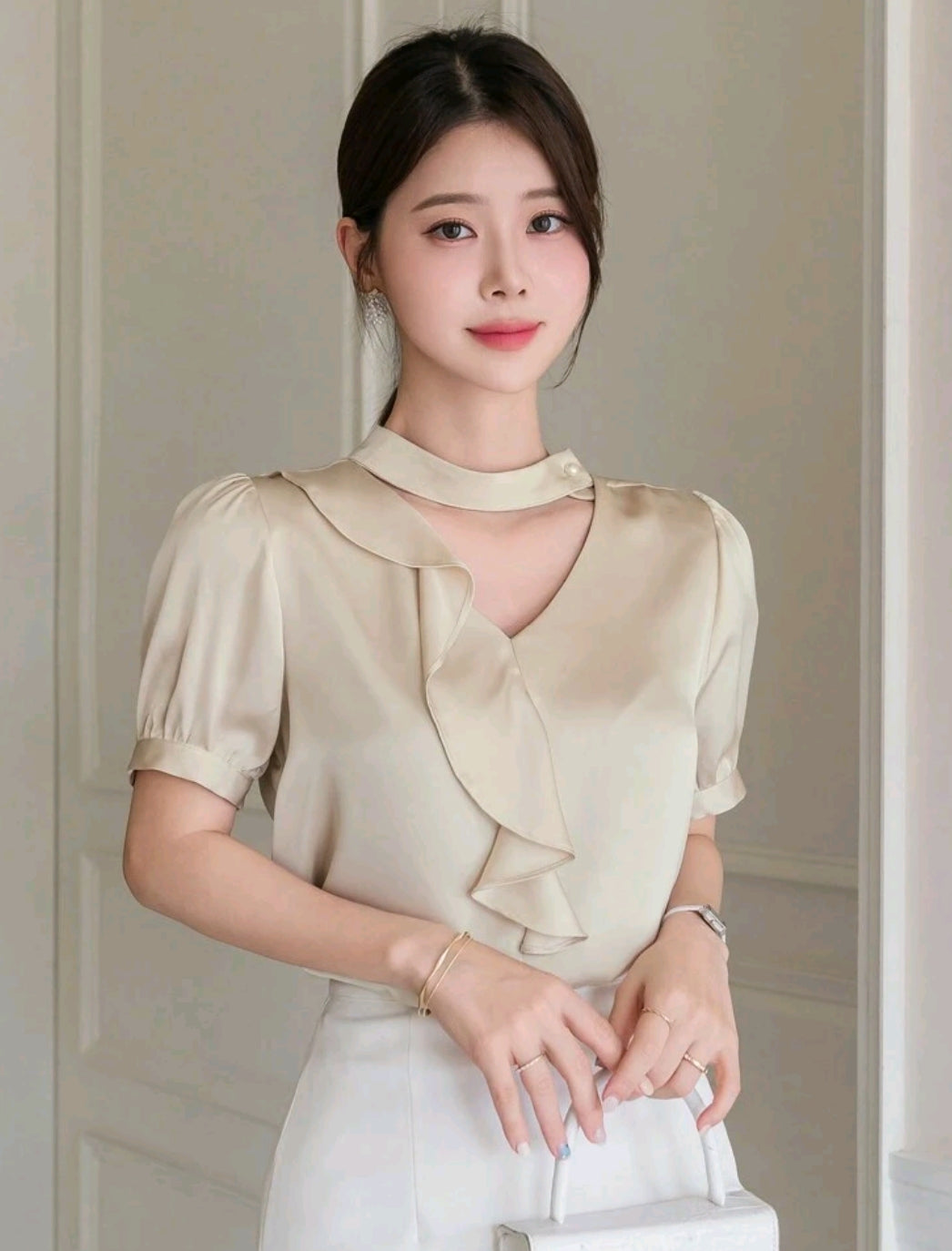 DAZY Women's Solid Color Simple Everyday Short Sleeve Shirt,Ruffle