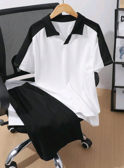 2pcs/Set Teens' Casual Color Blocking Polo Shirt And Shorts Set 161415