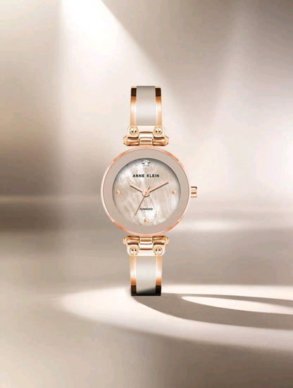 Women's Diamond Dial Bangle Watch With Blush Pink Mother-Of-Pearl Dial Ladies Luxury Gift Bracelet Watch With Enamel Filled Rose Gold-Tone Bangle Watch,AK/1980BMRG