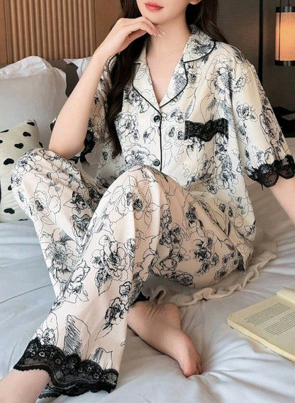 2pcs/Set Women Lace Trim Pajamas - Contrast Color Short Sleeve Top & Long Pants Set, Casual & Comfortable, All Season 181419