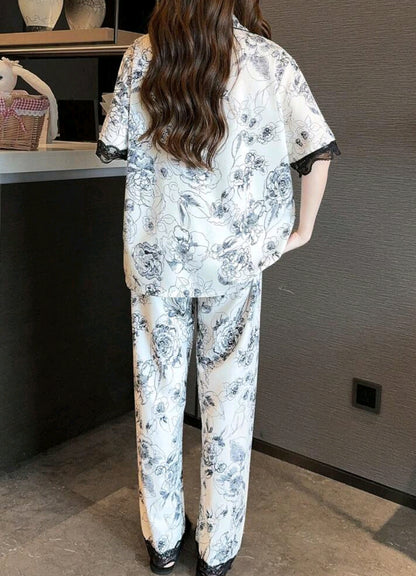 2pcs/Set Women Lace Trim Pajamas - Contrast Color Short Sleeve Top & Long Pants Set, Casual & Comfortable, All Season 181419