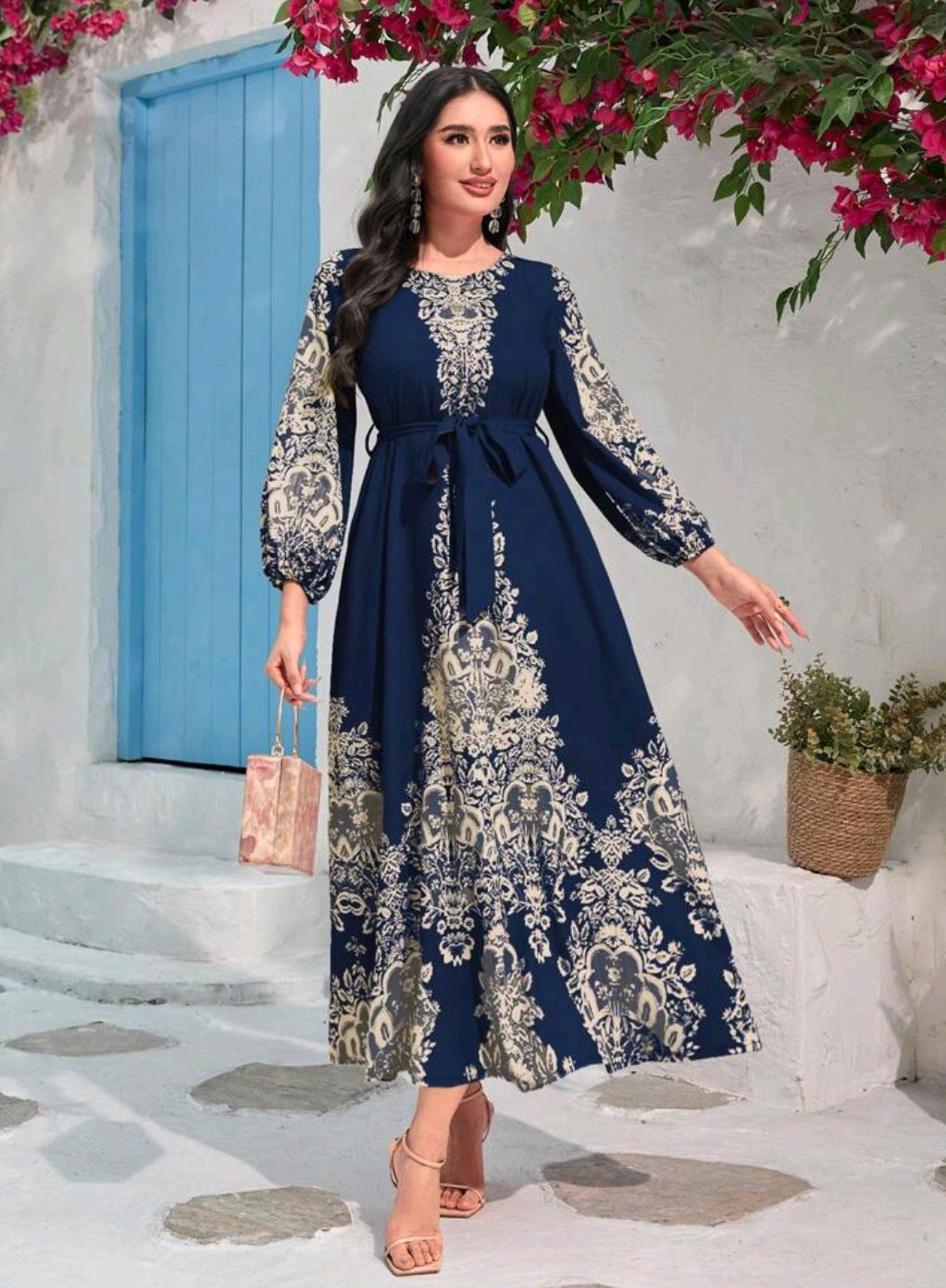 Al Najma Floral Print Lantern Sleeve Belted Dress Maxi Women Outfit