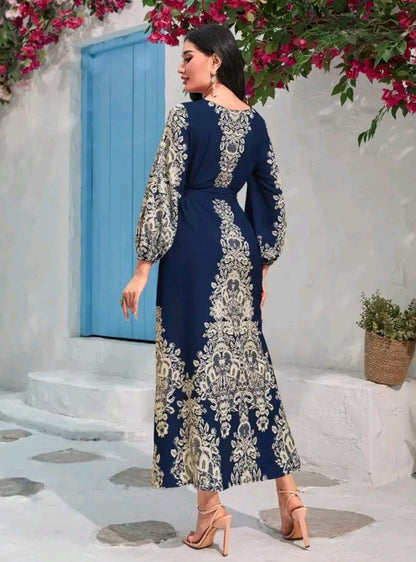 Al Najma Floral Print Lantern Sleeve Belted Dress Maxi Women Outfit