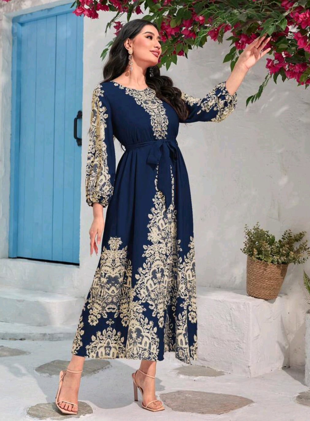 Floral Print Lantern Sleeve Belted Dress Maxi Women Outfit